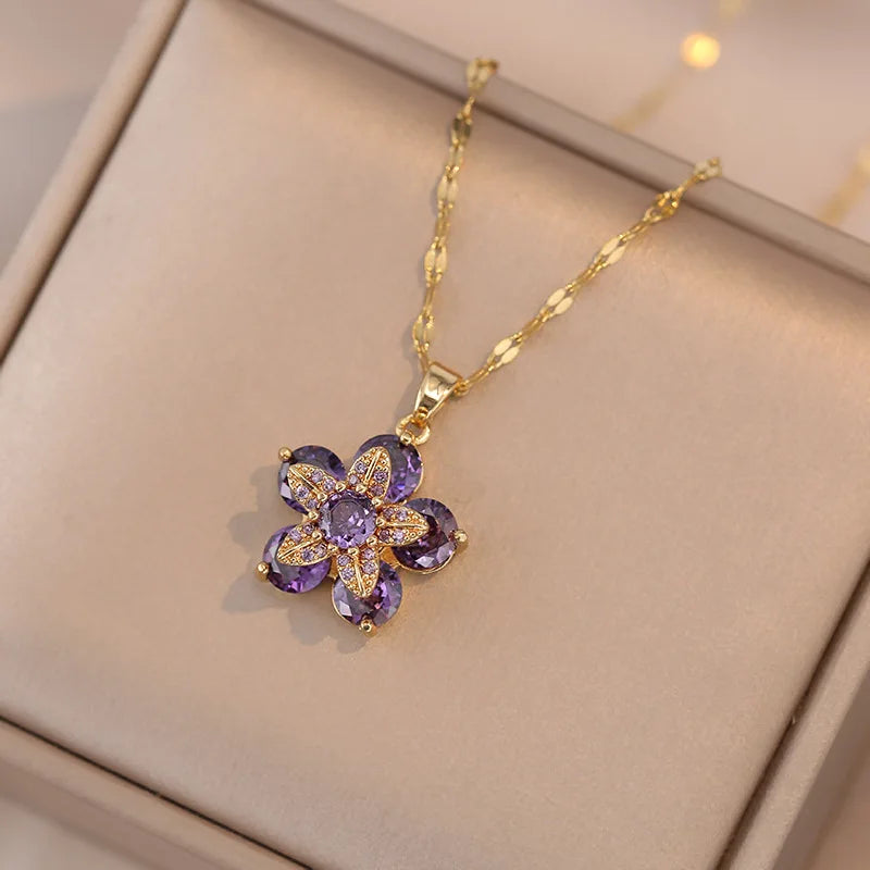 Shiny Zircon Romantic Flower Pendant, Necklace For Women Gold Plated Rotatable Flowers Choker for Girls , Wedding Party, Luxury Jewelry