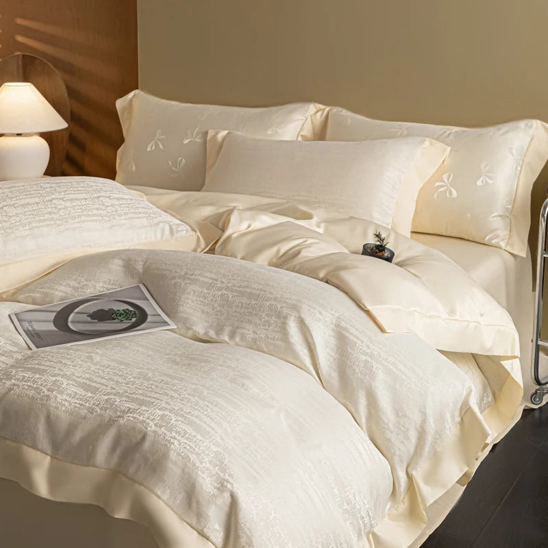 European Luxury Jacquard Ice Silk Duvet Cover Set, Fashion Bow Pattern Queen King Bedding Set Skin Friendly Comforter Cover Set