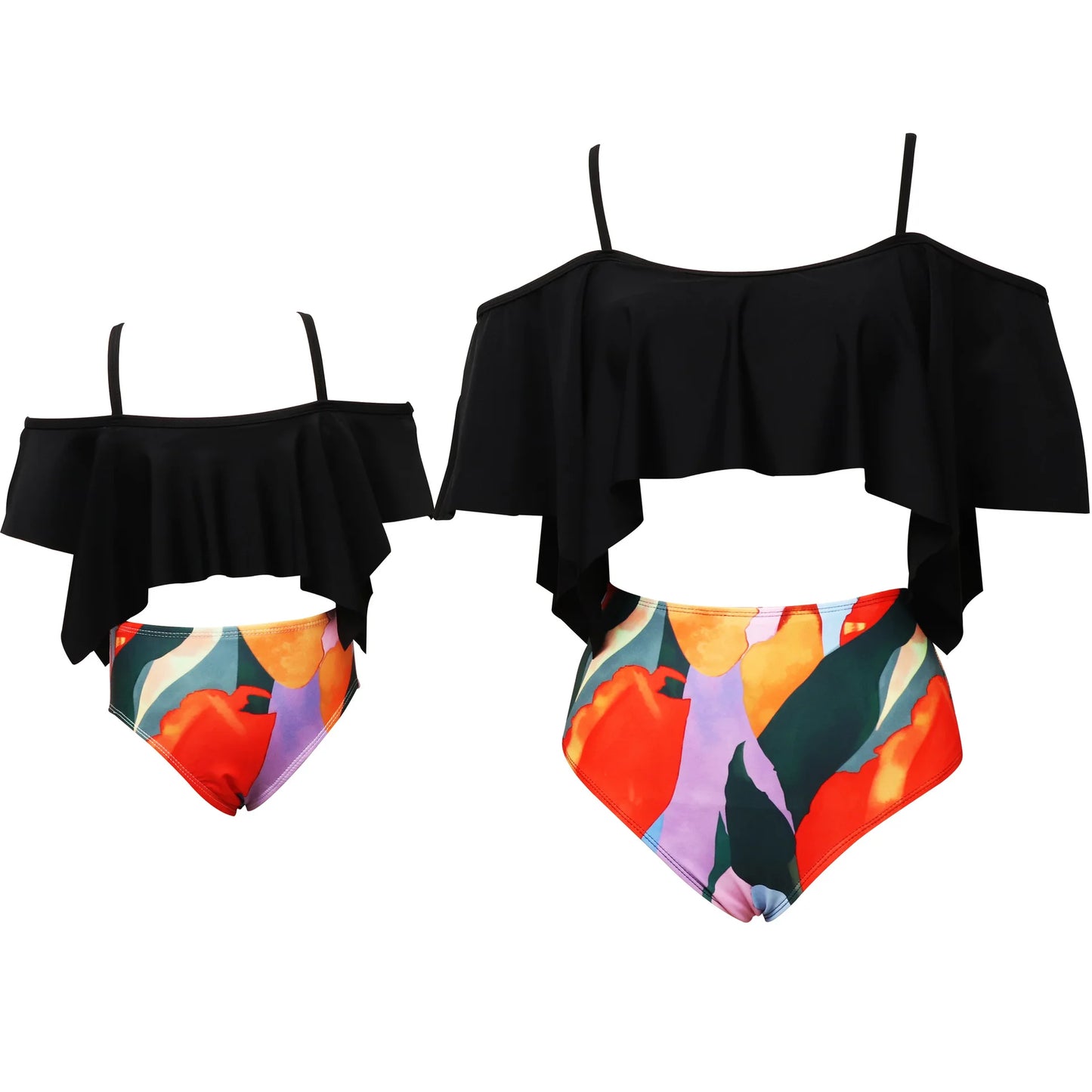 Ruffled Mother /Daughter Matching Swimsuits, O-Neck, Mom /Baby, Woman /Girls Swimwear