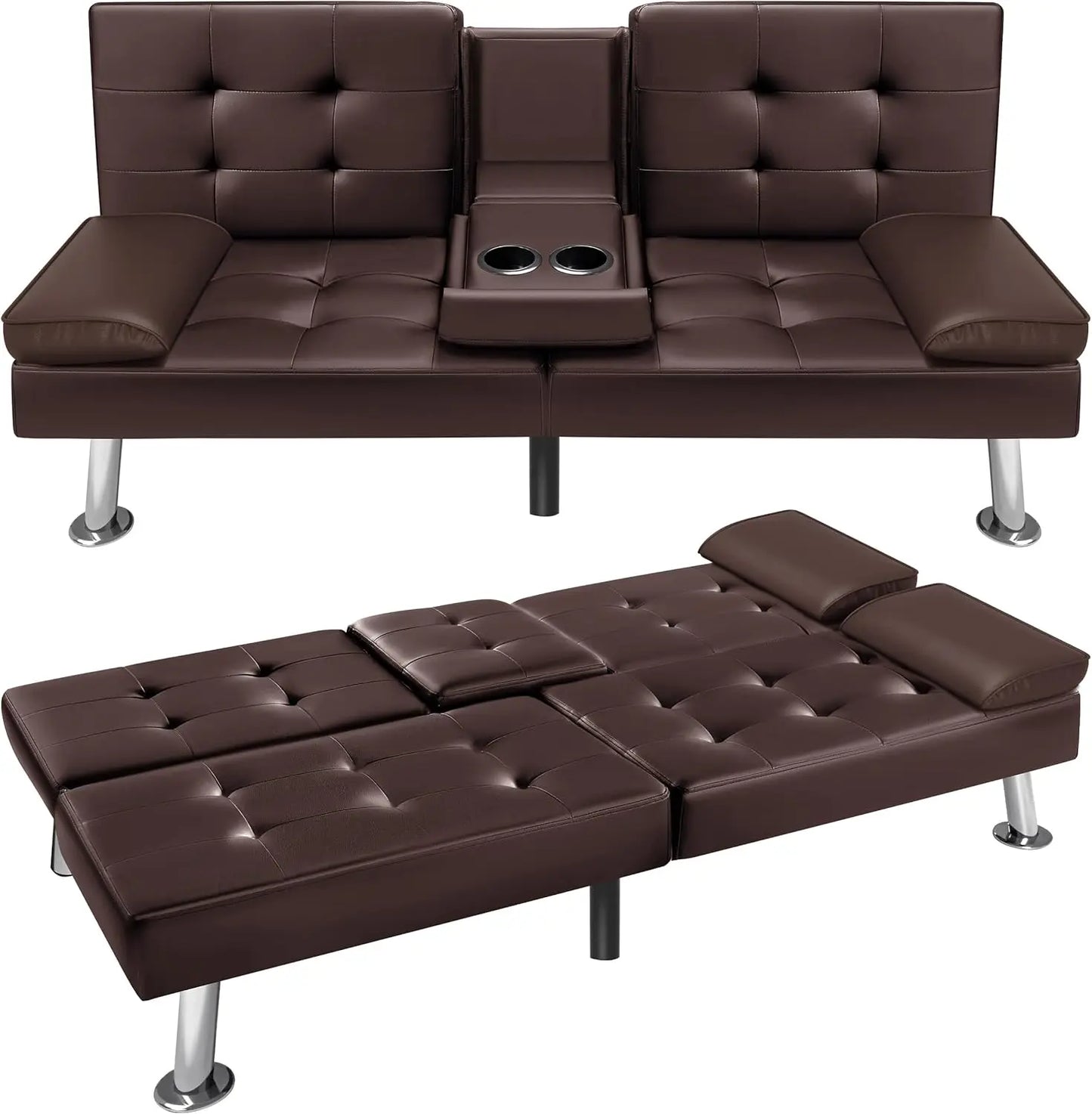 Futon Sofa Bed, Modern Faux Leather Couch Bed, Convertible Folding Recliner for Living Room with 2 Cup Holders and Armrest, Black or Brown.
