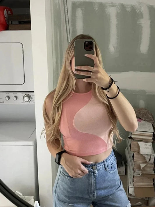 Women's Ribbed Knit Tan Tank Top O-neck Sleeveless Cute Baby Tee, Summer Patchwork Color Block Crop Top T Shirt. Tan color ONLY available S, M, L. Pink is OUT-OF-STOCK.