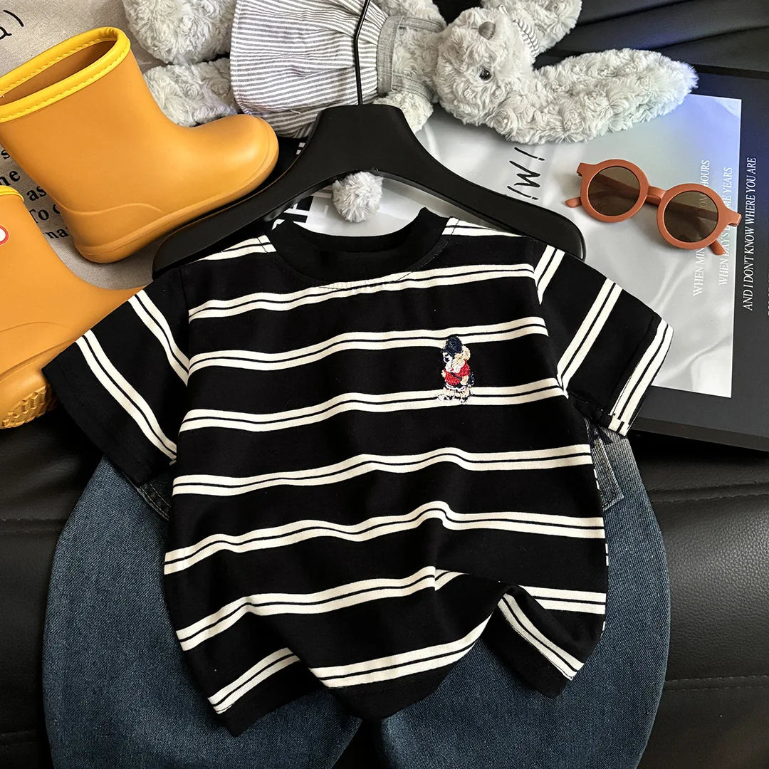 Summer Cotton Childrens Stripe Short Sleeve T-shirt For Boys and Girls. Vintage Fashion Tops