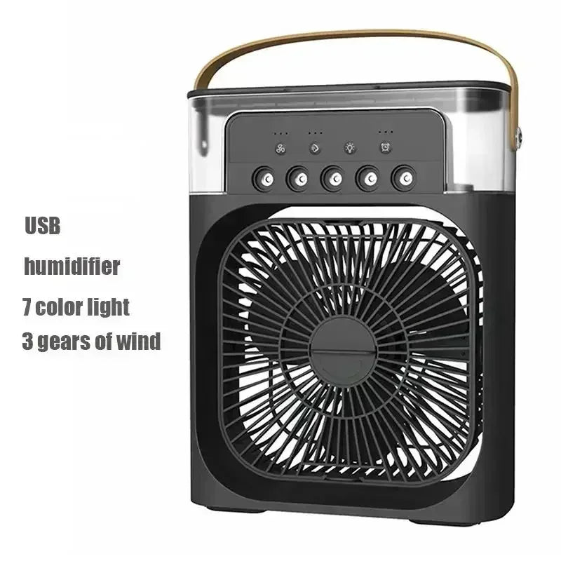 New 3 In 1 Fan AIr Conditioner Household Mini Air Cooler. LED Night Light Portable Humidifier Air Adjustment Fan for Home/Office, Car, Outside. Black is the most available color, white is lower in quantity but still good.