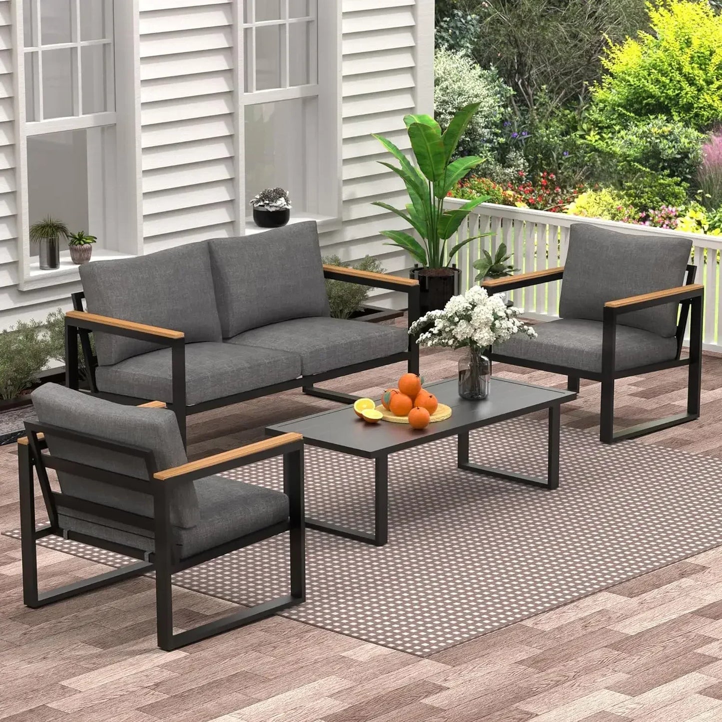 4 Pieces Outdoor Patio Furniture with Coffee Table Set, Metal Patio Set with Washable Cushions