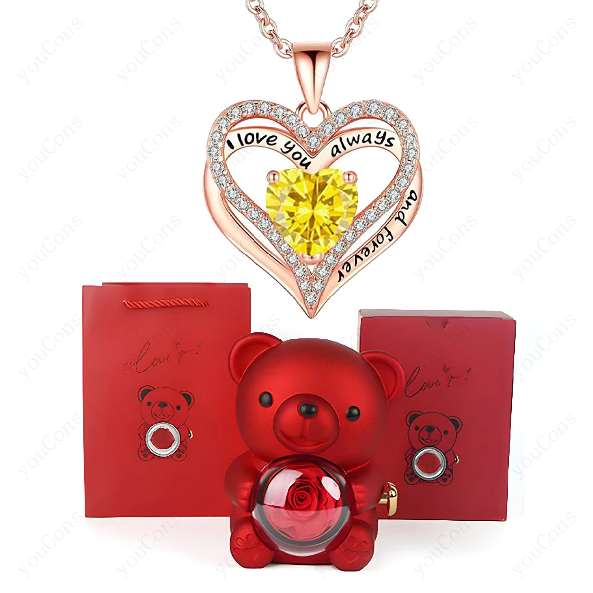 Red Heart Pendant Necklaces With Cute Bear Rose. Gift Box For Women, Mothers Day 2026 Christmas Valentine Wedding Birthday Jewelry
