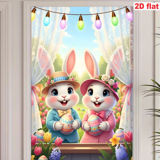 2D flat - 1 Easter party banner: Polyester flat banner with rabbit, Easter egg, tulip and curtain design