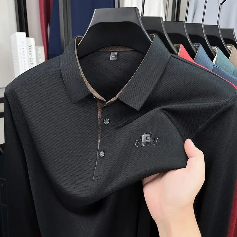2026 Men's Business Casual Long Sleeved Shirt with Badge, Solid Colors of Polo Shirts. Fashionable, Comfortable, Versatile. Nice Colors.