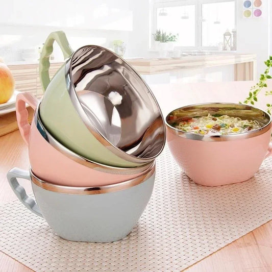 Stainless Steel Bowl with Handle. Solid Color, Anti- Scalding, Instant Noodles. Mixing Bowl, Kitchen Tableware, Food Accessory