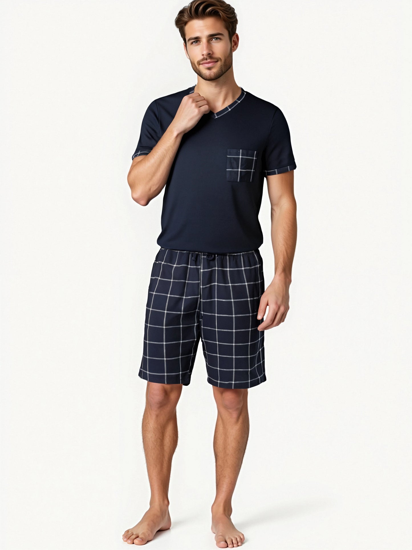 Mens Pajama Sets,  Short Sleeve , Plaid Pajamas and are  Soft Lounge Sleepwear with Pockets & Drawstring Shorts