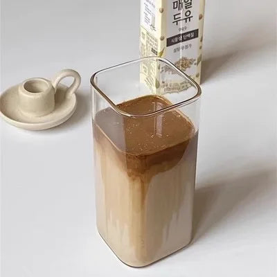 1Pcs Square, Heat Resistant Coffee /Glass Cup With Lid and Straw, Transparent