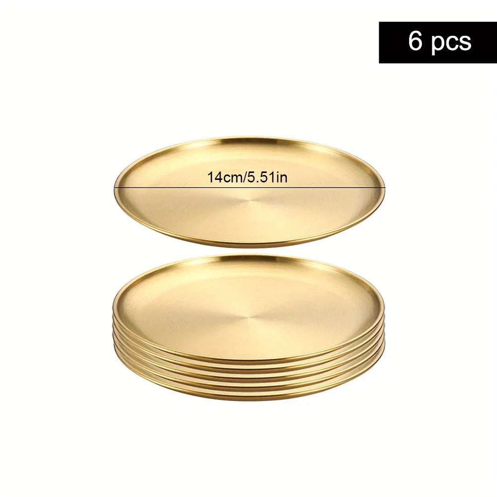 6Pcs Gold Stainless Steels Round Plate Rust-Proof Shallow Tray Plate Camping Plate, Picnic Dishes Cookware, There are 3 sizes left. they are 30 cm, 26 cm, and 14 cm. 14 cm is the most available.