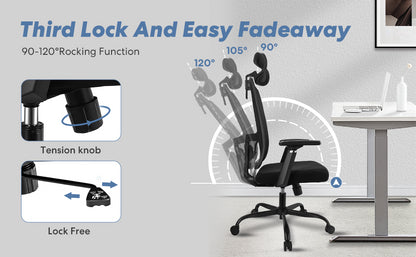 New Ergonomic Mesh Adjustable Lumbar Support Office Chair 120°Tilt High Back Comfortable Computer Chair with Soft Flip Up Arms