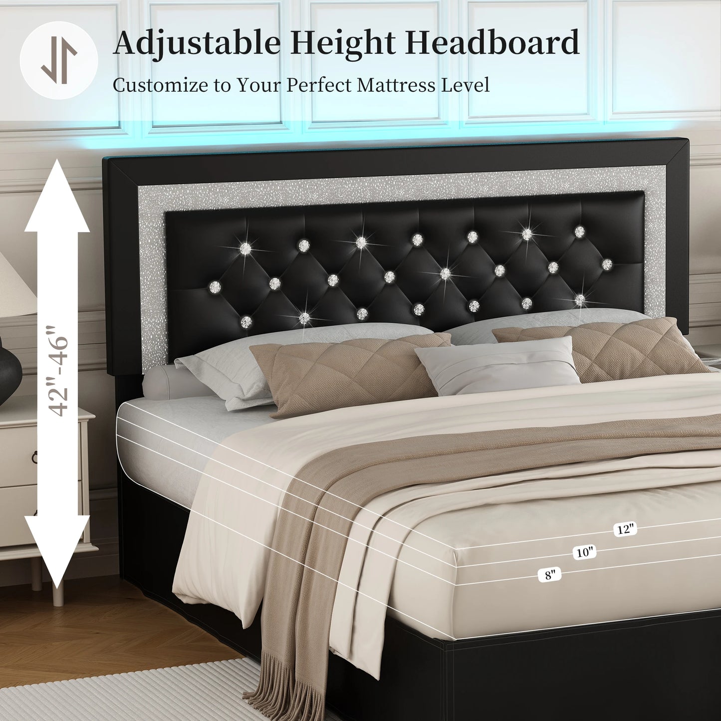 Queen Bed Frame with LED Lights, Adjustable Headboard, Tufted Linen Upholstery, Skirt, Wood Slats, Easy Assembly