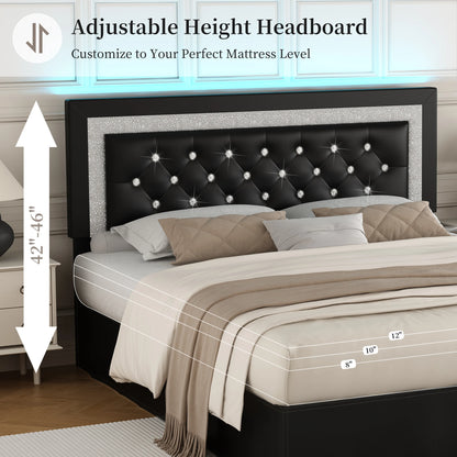 Queen Bed Frame with LED Lights, Adjustable Headboard, Tufted Linen Upholstery, Skirt, Wood Slats, Easy Assembly