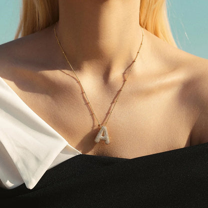 MHS.SUN Gold Plated Balloon 26 Letter Necklaces Copper Zircon Bubble Initial Pendant Chunky Women Personality Chain Jewelry