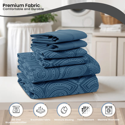 LUX Décor Paisley Sheet Set – 6 Piece Ultra-Soft Microfiber Bed Sheets with Flat Sheet, 16 Inch Deep Pockets for Fitted Sheet