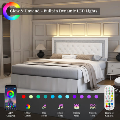 Queen Bed Frame with LED Lights, Adjustable Headboard, Tufted Linen Upholstery, Skirt, Wood Slats, Easy Assembly