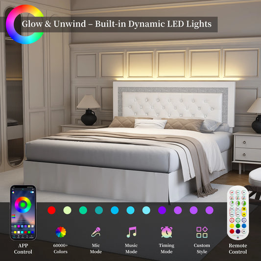 Queen Bed Frame with LED Lights, Adjustable Headboard, Tufted Linen Upholstery, Skirt, Wood Slats, Easy Assembly