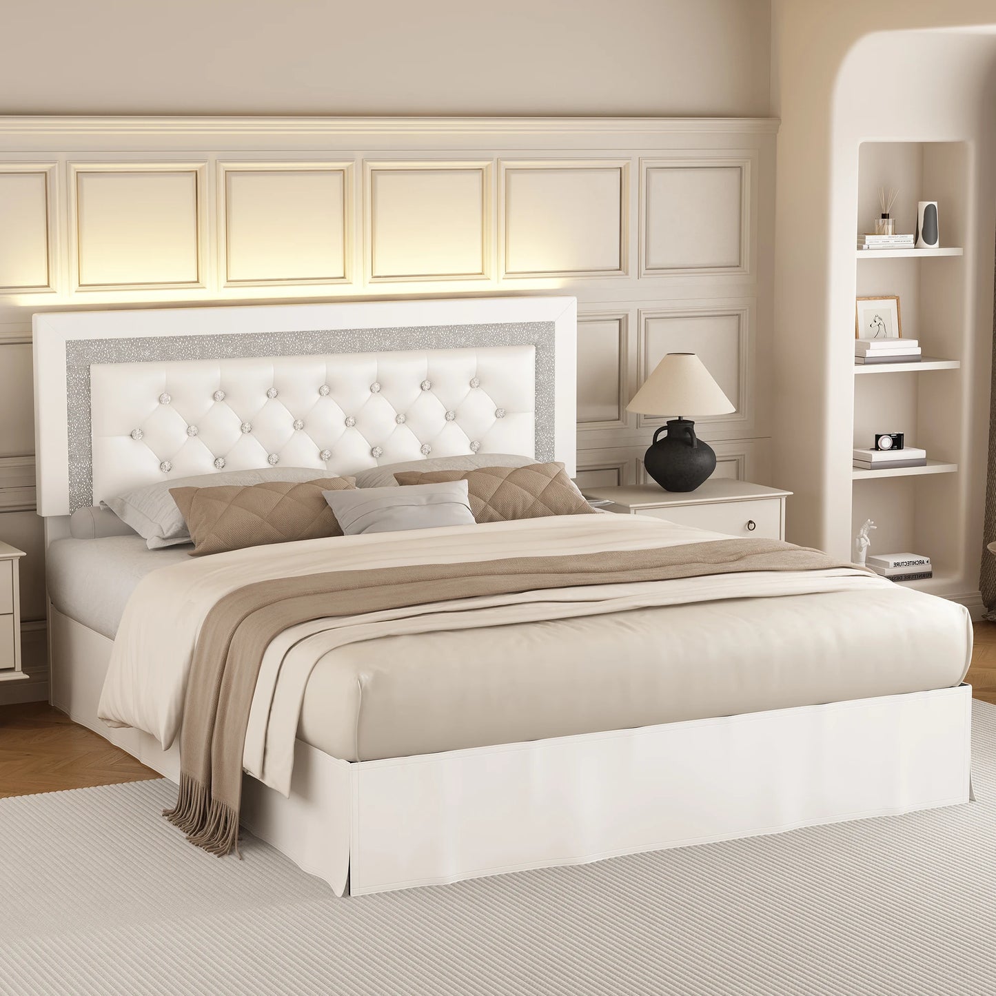Queen Bed Frame with LED Lights, Adjustable Headboard, Tufted Linen Upholstery, Skirt, Wood Slats, Easy Assembly