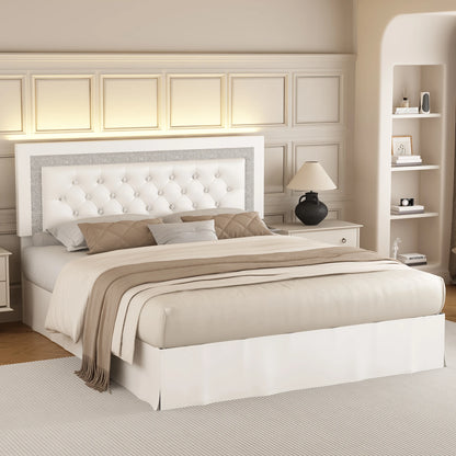 Queen Bed Frame with LED Lights, Adjustable Headboard, Tufted Linen Upholstery, Skirt, Wood Slats, Easy Assembly