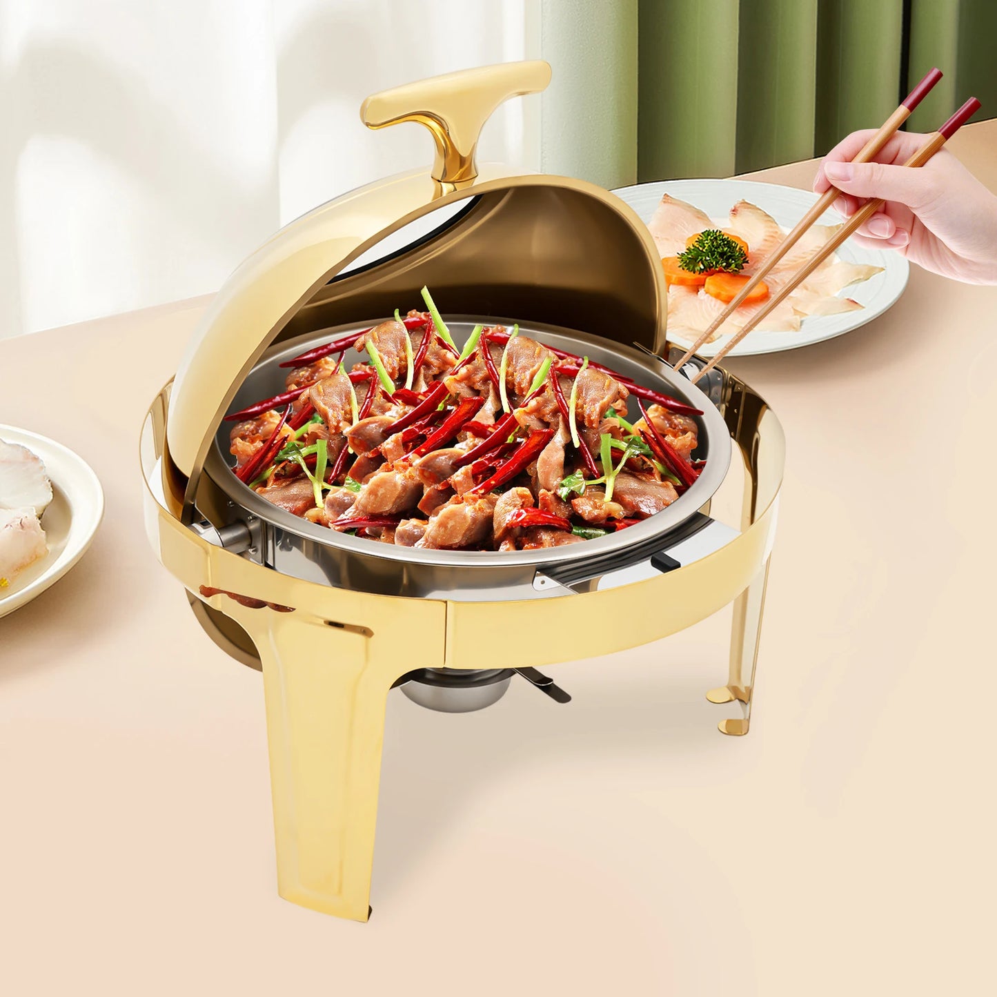 Round Chafing Dish/ Buffet Warmer Set, Roll Top Stainless Stee for Buffets,Hotel Breakfast and Brunch