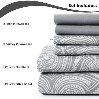 LUX Décor Paisley Sheet Set – 6 Piece Ultra-Soft Microfiber Bed Sheets with Flat Sheet, 16 Inch Deep Pockets for Fitted Sheet