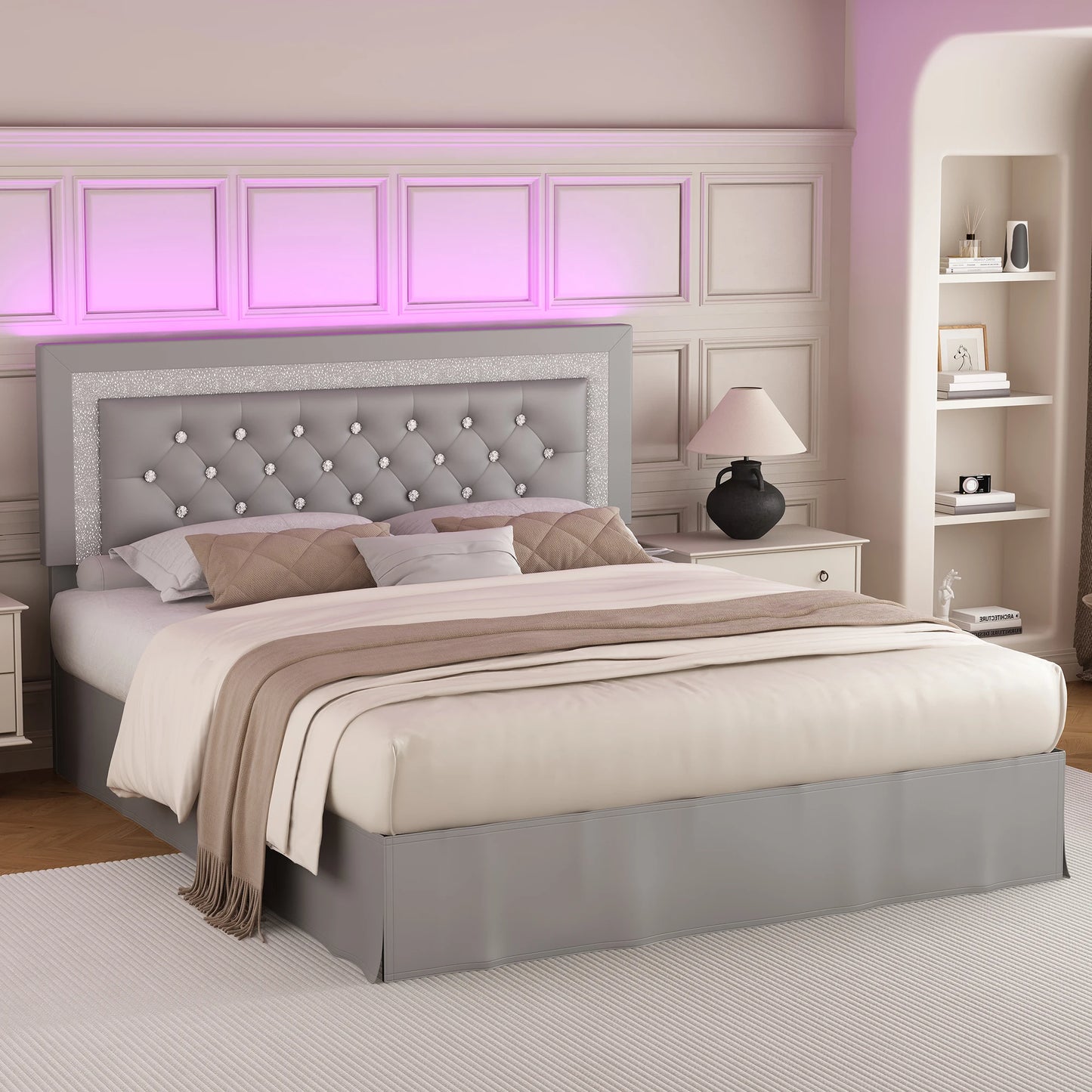 Queen Bed Frame with LED Lights, Adjustable Headboard, Tufted Linen Upholstery, Skirt, Wood Slats, Easy Assembly