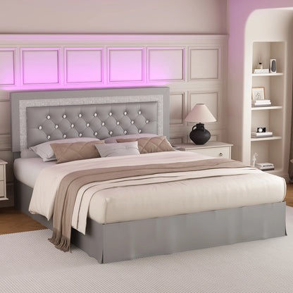 Queen Bed Frame with LED Lights, Adjustable Headboard, Tufted Linen Upholstery, Skirt, Wood Slats, Easy Assembly