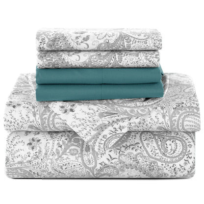 LUX Décor Paisley Sheet Set – 6 Piece Ultra-Soft Microfiber Bed Sheets with Flat Sheet, 16 Inch Deep Pockets for Fitted Sheet