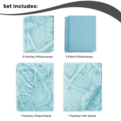 LUX Décor Paisley Sheet Set – 6 Piece Ultra-Soft Microfiber Bed Sheets with Flat Sheet, 16 Inch Deep Pockets for Fitted Sheet