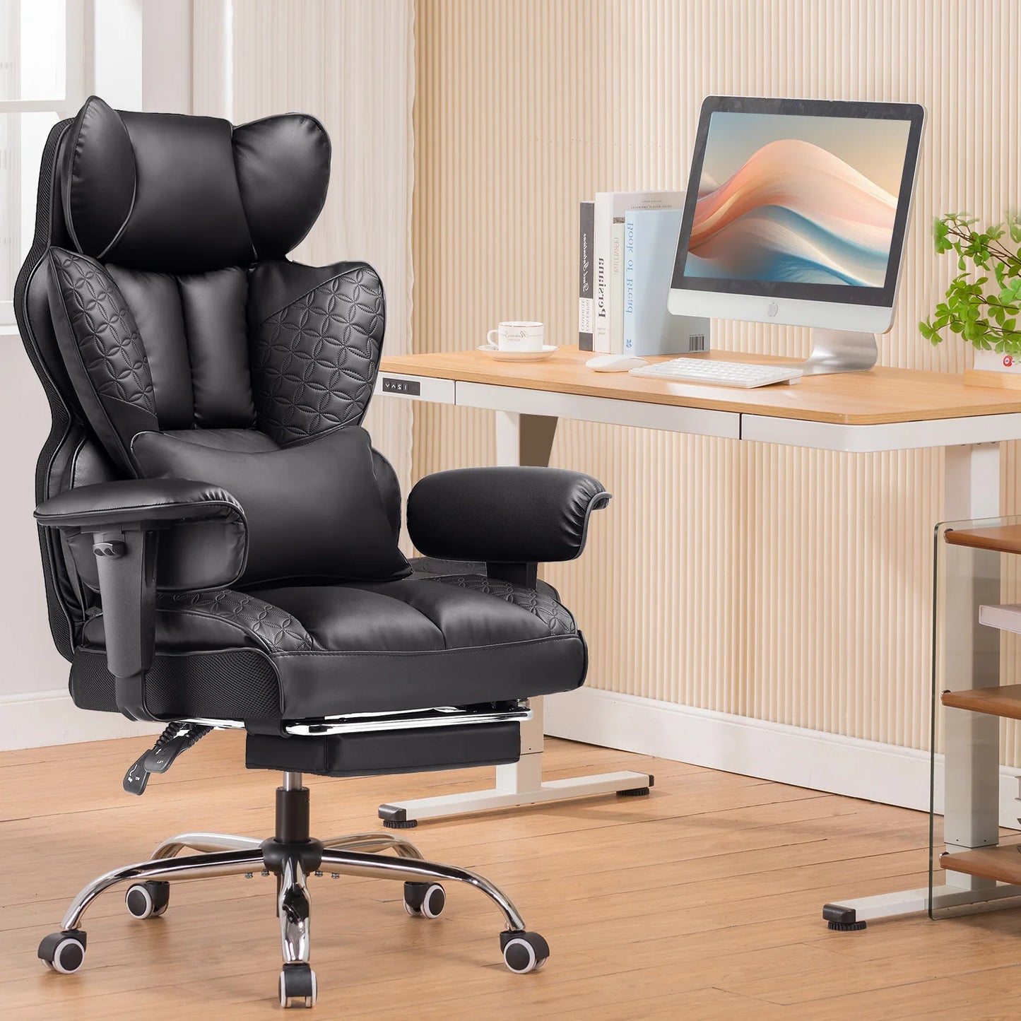 Office Chair Ergonomic Leather High Back Gaming Chair with Footrest, Adjustable Armrests