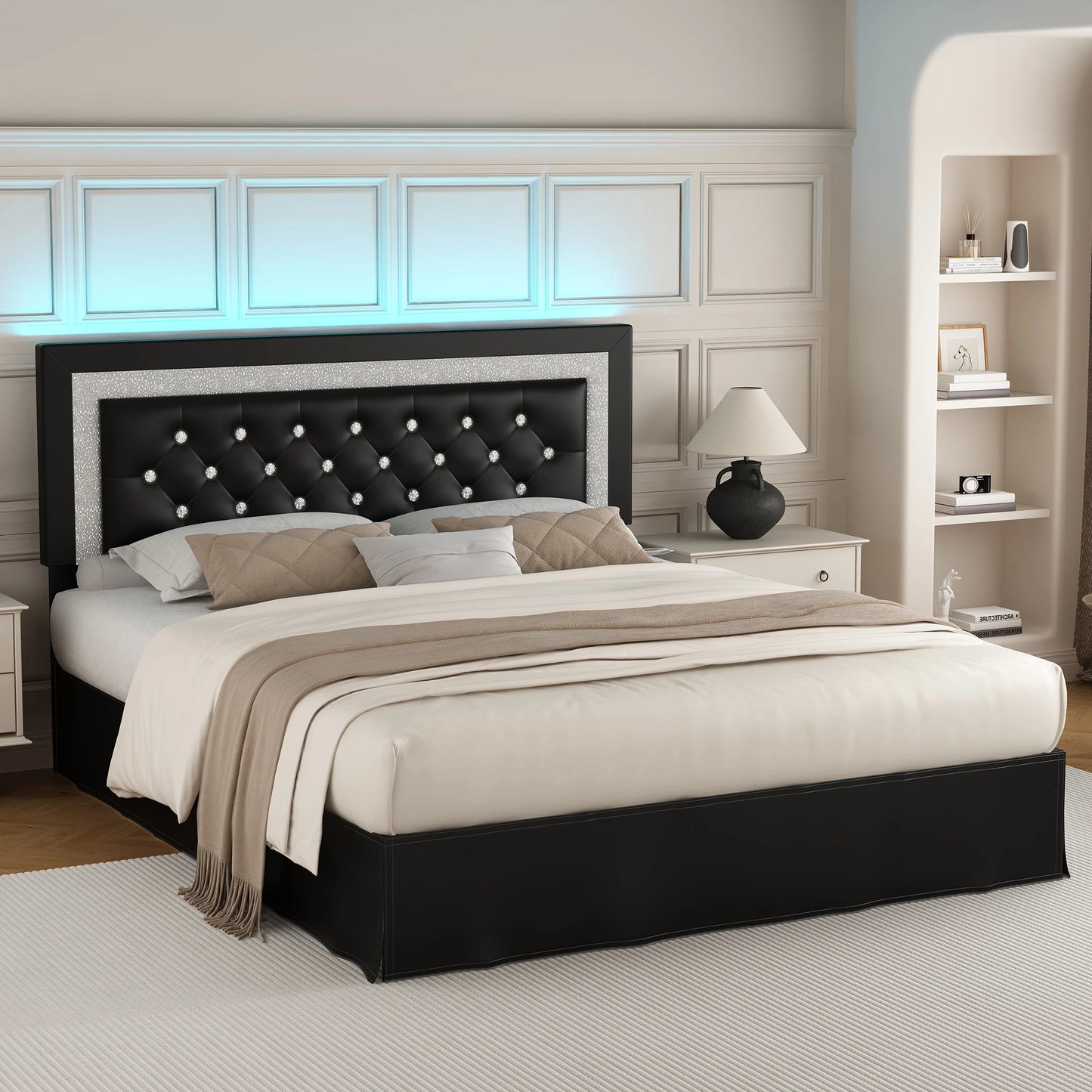 Queen Bed Frame with LED Lights, Adjustable Headboard, Tufted Linen Upholstery, Skirt, Wood Slats, Easy Assembly