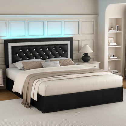 Queen Bed Frame with LED Lights, Adjustable Headboard, Tufted Linen Upholstery, Skirt, Wood Slats, Easy Assembly