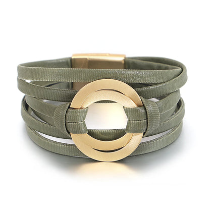 Genuine Leather Bracelets for Women/ Men Fashion.   Round Hollow Circles Charm Wrap Bracelet Bangle Female Jewelry Gifts.  BROWN is gone.  The other 3 colors are good to go.  BLACK//GREEN//GRAY, OK!!!  7.8 inches on this bra