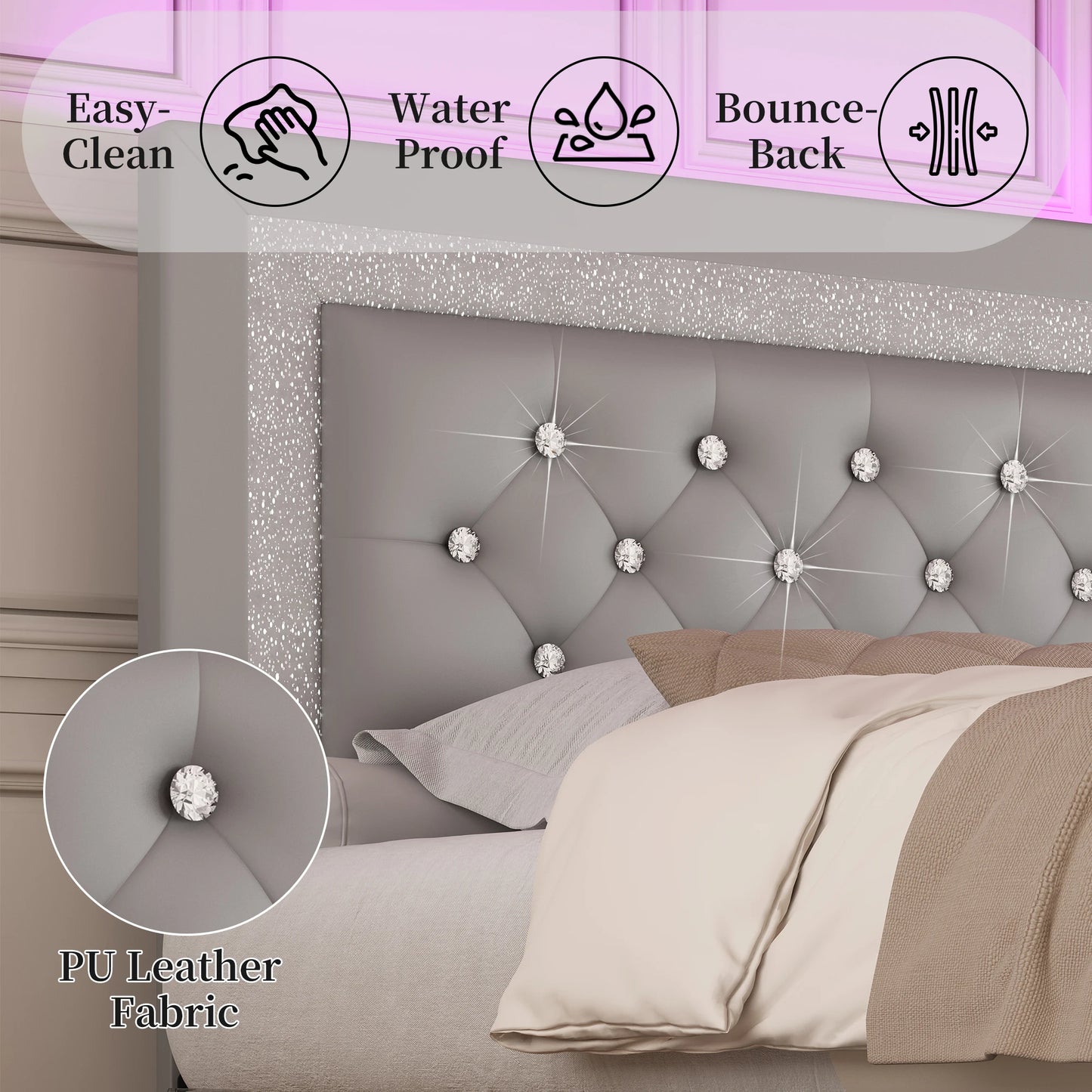 Queen Bed Frame with LED Lights, Adjustable Headboard, Tufted Linen Upholstery, Skirt, Wood Slats, Easy Assembly