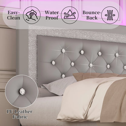 Queen Bed Frame with LED Lights, Adjustable Headboard, Tufted Linen Upholstery, Skirt, Wood Slats, Easy Assembly