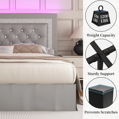 Queen Bed Frame with LED Lights, Adjustable Headboard, Tufted Linen Upholstery, Skirt, Wood Slats, Easy Assembly