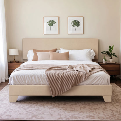 Upholstered Bed Frame with Adjustable Headboard, Soft Linen Fabric, Strong Supporting Structure, Noise-Free Allewie