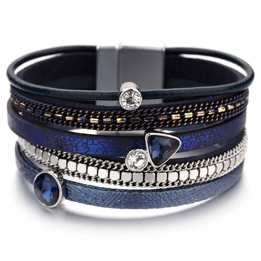Resin Crystal Charm Leather Bracelet for Women. Bohemian Multilayer Bracelets & Bangles Jewelry.  BLACK, DARK BLUE and GOLD are Available.