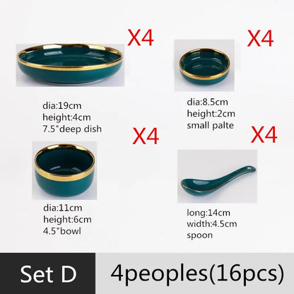 Luxury Forest Green Ceramic Dinnerware Set,  Including  Shallow Plates,  Rice,  Soup Bowls,  Fish,  Dish And Spoon