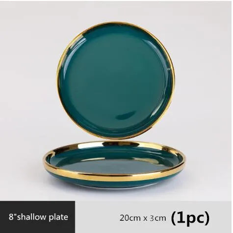 Luxury Forest Green Ceramic Dinnerware Set,  Including  Shallow Plates,  Rice,  Soup Bowls,  Fish,  Dish And Spoon