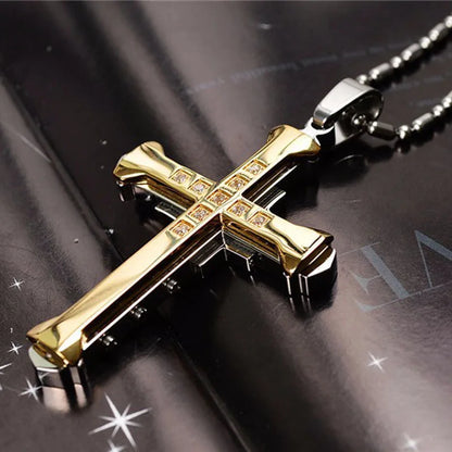 NEW Crystal Cross Pendant,  Gold/Black/Blue Color Zirconia Necklace,  Stainless Steel Jewelry