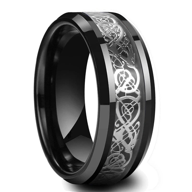 Fashion 8mm Red Groove Beveled Edge Stainless Steel Celtic Dragon Rings.  Perfect for FATHERS DAY with Zircon Inlay, Carbon Fibre Ring for Mens Wedding Band, Couples Gift
