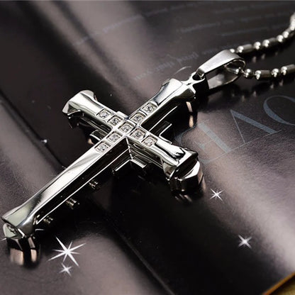 NEW Crystal Cross Pendant,  Gold/Black/Blue Color Zirconia Necklace,  Stainless Steel Jewelry
