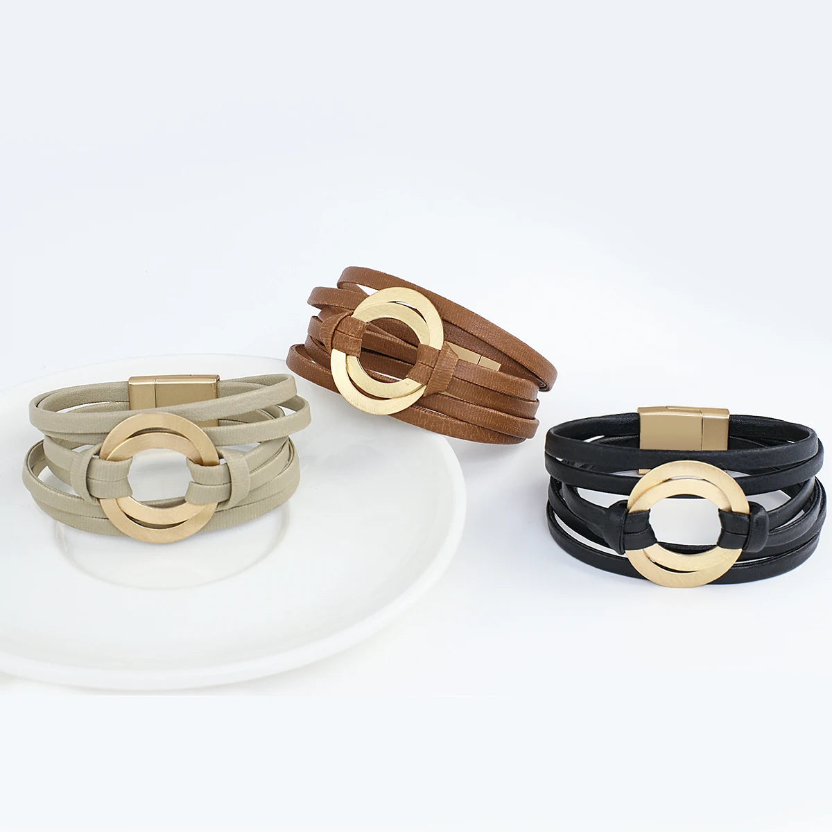 Genuine Leather Bracelets for Women/ Men Fashion.   Round Hollow Circles Charm Wrap Bracelet Bangle Female Jewelry Gifts.  BROWN is gone.  The other 3 colors are good to go.  BLACK//GREEN//GRAY, OK!!!  7.8 inches on this bra