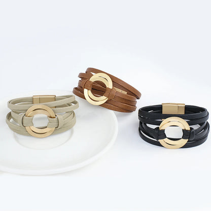 Genuine Leather Bracelets for Women/ Men Fashion.   Round Hollow Circles Charm Wrap Bracelet Bangle Female Jewelry Gifts.  BROWN is gone.  The other 3 colors are good to go.  BLACK//GREEN//GRAY, OK!!!  7.8 inches on this bra