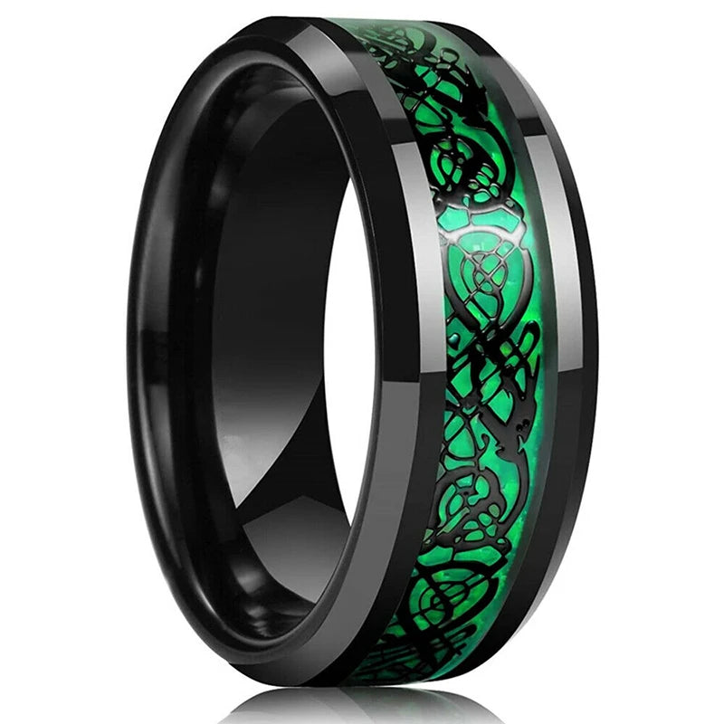 Fashion 8mm Red Groove Beveled Edge Stainless Steel Celtic Dragon Rings.  Perfect for FATHERS DAY with Zircon Inlay, Carbon Fibre Ring for Mens Wedding Band, Couples Gift