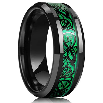 Fashion 8mm Red Groove Beveled Edge Stainless Steel Celtic Dragon Rings.  Perfect for FATHERS DAY with Zircon Inlay, Carbon Fibre Ring for Mens Wedding Band, Couples Gift
