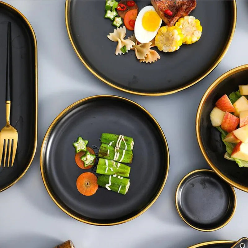 Gilt Rim Black Porcelain Dinner Plates,  Kitchen Dishes,  Ceramics,  Tableware Food Tray,  Rice, Salad, Noodles Bowl , Cutlery Set