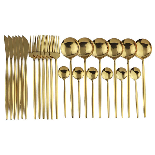 24pcs Gold Dinnerware, Stainless Steel Tableware,  Set with Knife, Fork,  Spoon, Flatware Set, Dishwasher Safe, Silverware Cutlery Set